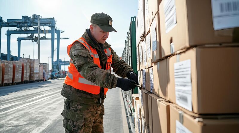 Inspector checking labeled international cargo at a shipping port