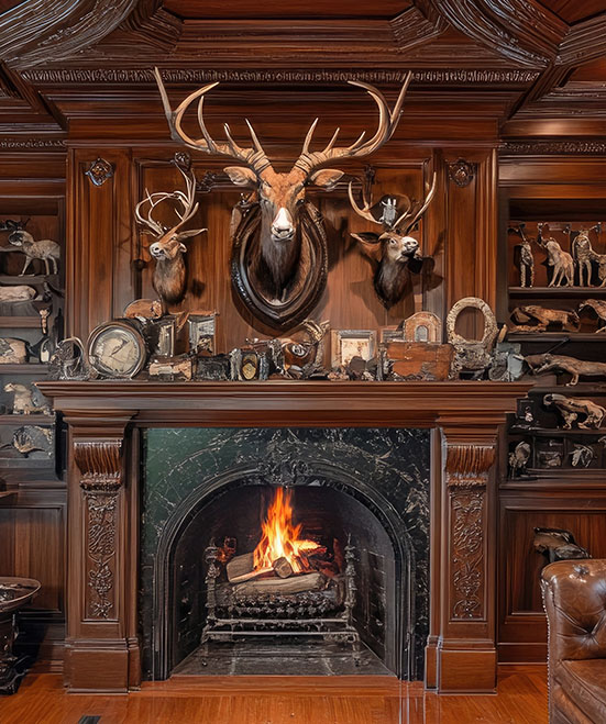 Trophy room with deer mounts above a fireplace